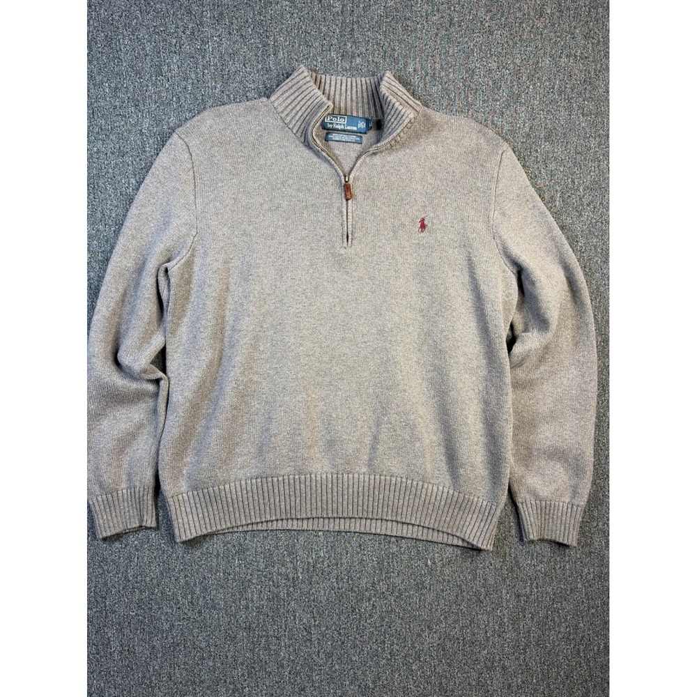 Polo Ralph Lauren Mens Large Gray Quarter Zip Cotton Sweater Red Pony Logo L